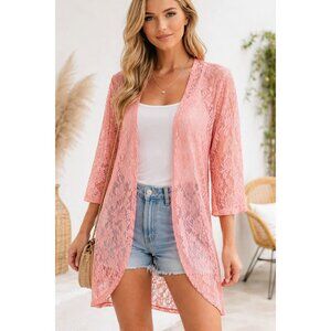 Double Take Lace Kimono Cardigan XL Coral Sheer Boho Duster